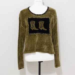 Hilary Smith Women's Green & Black Chenille Cowboy Boots Western Sweater Vintage